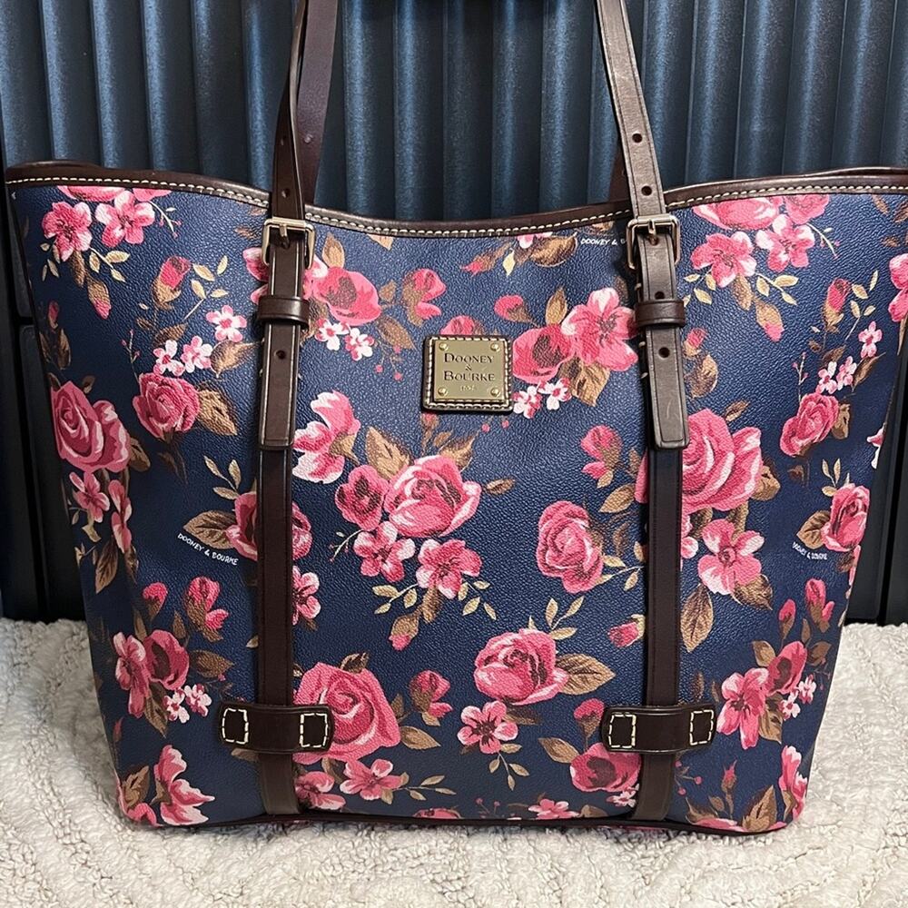 Dooney & Bourke Cabbage Rose Floral Tote Bag Navy Blue Brown Pink Flowers